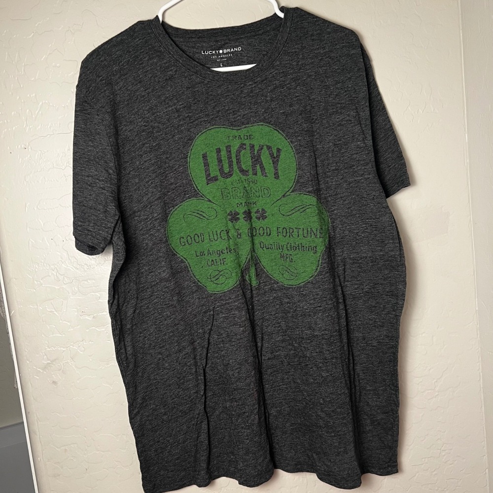 Lucky Brand Mens Gray Heather Clover Graphic T-Shirt Good Luck Good Fortune L